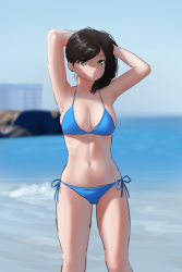 Rule 34 | 1girl, absurdres, armpits, arms behind head, arms up, asymmetrical hair, beach, bikini, black hair, blue bikini, blurry, blurry background, bra strap, breasts, brown eyes, building, cleavage, closed mouth, earrings, feet out of frame, female focus, hand in own hair, head tilt, highres, jewelry, large breasts, looking at viewer, medium breasts, medium hair, messy hair, navel, ocean, original, outdoors, sinmo (dolomang), sketch, sky, solo, standing, stomach, swept bangs, swimsuit, thighs, water, waves