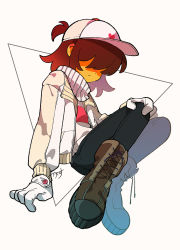 Rule 34 | 1other, alternate costume, boots, brown footwear, brown hair, closed mouth, commentary request, cross-laced footwear, deltarune, gloves, hand on own knee, hat, heart, highres, jacket, kris (deltarune), lace-up boots, long sleeves, open clothes, open jacket, pants, senjochi janai, shaded face, shirt, simple background, solo, white gloves