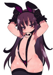 Rule 34 | 1girl, animal ears, armpits, arms up, brown hair, rabbit ears, collar, flat chest, gloves, henrietta (zankuro), highres, long hair, looking at viewer, navel, original, red eyes, simple background, slingshot swimsuit, smile, solo, standing, sweat, swimsuit, white background, zankuro