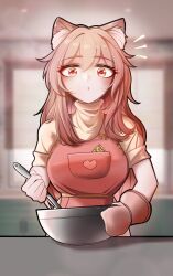 Rule 34 | 1girl, animal ear fluff, animal ears, apron, arknights, bowl, commentary request, eyelashes, gravel (arknights), han han xiao leng, highres, holding, holding bowl, indoors, long hair, looking at viewer, oven mitts, pink apron, pink eyes, pink hair, shirt, short sleeves, solo, upper body, very long hair