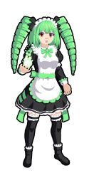 Rule 34 | 1girl, :d, anuken, apron, black background, black dress, black footwear, black thighhighs, boots, bow, bowtie, character request, check character, check copyright, copyright request, dress, drill hair, frilled thighhighs, frills, full body, green bow, green hair, highres, long hair, long sleeves, looking at viewer, maid, maid apron, maid headdress, open mouth, orange eyes, puffy sleeves, simple background, smile, solo, standing, thighhighs, twin drills, twintails