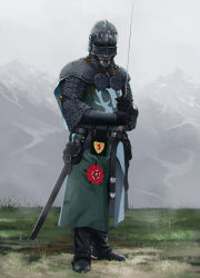 Rule 34 | 1boy, absurdres, armor, beard, belt, black belt, black footwear, black gloves, boots, commentary, day, english commentary, facial hair, full body, gloves, grass, green tunic, helm, helmet, highres, holding, holding sword, holding weapon, kalmahul, knight, male focus, mountainous horizon, original, outdoors, pouch, shoulder armor, solo, standing, sword, tunic, weapon