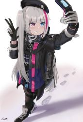 Rule 34 | 1girl, beret, black hat, black jacket, black pantyhose, blue eyes, cellphone, commentary, commission, english commentary, flip phone, gamryous, girls&#039; frontline, grey hair, hat, heterochromia, highres, holding, holding phone, jacket, long hair, long sleeves, mdr (girls&#039; frontline), multicolored hair, pantyhose, phone, purple eyes, side ponytail, smirk, solo, standing, streaked hair, tactical clothes, thigh strap