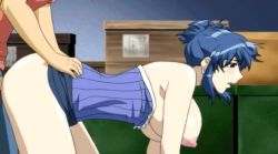 Rule 34 | 1boy, 1girl, animated, animated gif, ass, bent over, blue hair, blush, bouncing breasts, breasts, brown hair, choker, clothed sex, doggystyle, covered erect nipples, erection, fushimi kenta, grabbing, hanging breasts, hetero, huge breasts, moaning, nipples, nude, on floor, open mouth, penis, sanjo miku, sex, sex from behind, shimai tsuma 3, shimaizuma 3, uncensored