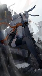 Rule 34 | 1girl, absurdres, animal ears, arknights, black footwear, boots, from side, frostnova (arknights), full body, grey hair, hair ornament, hairclip, highres, kurogiri, long sleeves, looking at viewer, looking to the side, outdoors, parted lips, sitting, smile, solo, thigh boots, thighhighs, thighs