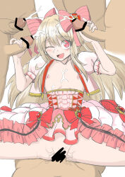 Rule 34 | 1girl, 5boys, blonde hair, censored, chaos marie (grimms notes), collarbone, cowgirl position, cum, cum in mouth, cum on chest, double handjob, dress, flower, frills, gouhourairaku (goohourairaku), grimms notes, group sex, hair ribbon, handjob, long hair, mosaic censoring, multicolored hair, multiple boys, nipples, one eye closed, open clothes, penis, pink background, puffy sleeves, red flower, red rose, ribbon, rose, sex, simple background, sketch, solo focus, straddling, surrounded by penises, unfinished, vaginal, wings