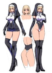 Rule 34 | 1girl, ass, bare shoulders, black footwear, black thighhighs, blonde hair, blue eyes, blush, boots, breasts, character sheet, cross, dress, elbow gloves, full body, gloves, habit, hat, high heel boots, high heels, highleg, highleg leotard, impossible clothes, impossible leotard, ishimiso (ishimura), jewelry, large breasts, leotard, looking at viewer, microdress, necklace, nun, original, short hair, simple background, sketch, solo, standing, thigh boots, thighhighs, thong, thong leotard, walking, white background