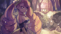 Rule 34 | 1girl, absurdres, aq interactive, arcana heart, arcana heart 2, atlus, bare shoulders, blue eyes, breasts, bright pupils, brown hair, bush, cleavage, dress, drill hair, earrings, elbow gloves, examu, flower, forest, gem, gloves, hair flower, hair ornament, highres, jewelry, large breasts, long hair, looking at viewer, nature, necklace, orange hair, petra johanna lagerkvist, purple eyes, shade, skirt, solo, strapless, strapless dress, tree, twin drills, twintails, very long hair, wallpaper, woofycakes