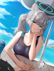 Rule 34 | 1girl, ^ ^, absurdres, animal ear fluff, animal ears, arm up, doodle sensei (blue archive), beach, black one-piece swimsuit, blue archive, blue eyes, blue one-piece swimsuit, blush, bottle, breasts, closed eyes, cross, day, deriolet, ear piercing, fingernails, grey hair, hair between eyes, halo, hand on own cheek, hand on own face, head tilt, heterochromia, highres, holding hands, horizon, inverted cross, looking at another, medium breasts, ocean, one-piece swimsuit, parasol, piercing, ponytail, sensei (blue archive), shiroko (blue archive), shiroko (swimsuit) (blue archive), smile, sweat, sweatdrop, swimsuit, table, umbrella, water bottle, wiping sweat, wolf ears, wolf girl
