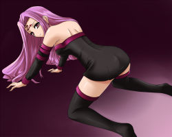 Rule 34 | 00s, 1girl, all fours, ass, back, bare shoulders, collar, detached sleeves, dress, facial mark, fate/stay night, fate (series), forehead mark, gradient background, hayami kyuuen, long hair, looking at viewer, looking back, medusa (fate), medusa (rider) (fate), no shoes, purple eyes, purple hair, short dress, simple background, solo, square pupils, strapless, strapless dress, thighhighs, zettai ryouiki