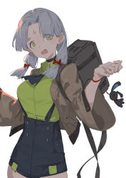 Rule 34 | 1girl, absurdres, ascot, backpack, bag, black ascot, black shorts, blouse, breasts, brown jacket, facial mark, forehead mark, green eyes, green shirt, grey hair, high-waist shorts, highres, huang (volt0526), jacket, long sleeves, looking at viewer, medium breasts, open clothes, open jacket, open mouth, original, shirt, short shorts, shorts, simple background, solo, stuffed animal, stuffed rabbit, stuffed toy, suspender shorts, suspenders, white background