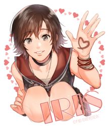 Rule 34 | 10s, 1girl, artist name, body writing, brown eyes, brown hair, character name, choker, dress, final fantasy, final fantasy xv, heart, iris amicitia, jewelry, knees, necklace, onegingek, short hair, simple background, smile, solo, squatting, waving, white background