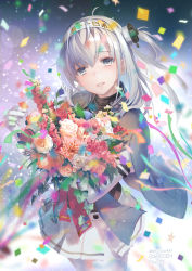 Rule 34 | 1girl, artist name, banned artist, blush, bodysuit, bouquet, clothes writing, commission, cowboy shot, crying, crying with eyes open, dated, flower, grey eyes, hachimaki, hair between eyes, headband, holding, holding bouquet, kantai collection, long hair, nacht (nacht 01), one side up, open mouth, orange flower, orange rose, pink flower, pleated skirt, puffy short sleeves, puffy sleeves, red flower, red rose, rose, school uniform, serafuku, short sleeves, silver hair, skeb commission, skirt, smile, solo, suzutsuki (kancolle), tears, white bodysuit, white flower, white headband, white rose, white skirt, yellow flower, yellow rose