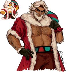 Rule 34 | 1boy, arm hair, bara, bare pectorals, beard, blue eyes, chest hair, cookie run, cookie run: ovenbreak, cropped legs, dark-skinned male, dark skin, eggnog cookie, facial hair, full beard, fur trim, hairy, highres, humanization, large pectorals, looking at viewer, male focus, mature male, muscular, muscular male, navel hair, nipples, official art inset, open clothes, pectorals, reference inset, santa costume, short hair, smile, solo, standing, suumiwiis, thick arm hair, thick beard, thick chest hair, thick eyebrows, white hair