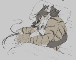 Rule 34 | 2boys, afterglow, animal ears, arknights, beard, chong yue (arknights), couple, cuddling, dragon boy, dragon horns, facial hair, from above, furry, furry male, furry with non-furry, gggarnet, headband, heads together, horns, huai tianpei (arknights), interspecies, long hair, lying, male focus, mature male, multicolored hair, multiple boys, nude, on side, pointy ears, sleeping, streaked hair, thick eyebrows, tiger boy, tiger ears, under covers, upper body, yaoi