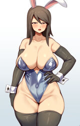 Rule 34 | 1girl, absurdres, animal ears, bare shoulders, black gloves, black thighhighs, blue leotard, breasts, brown eyes, brown hair, cleavage, cleft of venus, commentary, covered navel, cowboy shot, curvy, elbow gloves, fake animal ears, girls und panzer, gloves, gradient background, grey background, half-closed eyes, hand on own hip, highleg, highleg leotard, highres, huge breasts, leotard, long hair, looking at viewer, mika (girls und panzer), nikuatsu magician shinbo, open mouth, playboy bunny, rabbit ears, smile, solo, standing, strapless, strapless leotard, thighhighs, wrist cuffs