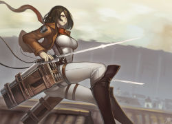Rule 34 | 1girl, black eyes, black hair, blade, boots, breasts, building, cable, dual wielding, emblem, evan yang, highres, holding, jacket, knee boots, large breasts, mikasa ackerman, pants, parted lips, scarf, serious, shingeki no kyojin, short hair, signature, solo, suspenders, sword, thigh strap, three-dimensional maneuver gear, wall, weapon