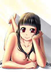 Rule 34 | 1girl, bad id, bad pixiv id, barefoot, black hair, breasts, cleavage, highres, large breasts, lips, long hair, lying, nude, ocha (gogonuko), on stomach, red eyes, smile, solo