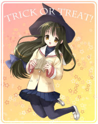Rule 34 | 00s, 1girl, black hair, black pantyhose, brown eyes, clannad, full body, gradient background, halloween, hat, ibuki fuuko, kimishima ao, long hair, low-tied long hair, pantyhose, pink background, school uniform, shoes, skirt, smile, solo, star (symbol), starfish, starry background, trick or treat, witch hat, yellow background