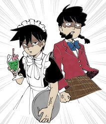 Rule 34 | 2boys, anger vein, apron, black hair, blue bow, bow, brothers, brown skirt, cropped legs, crossdressing, cup, emphasis lines, holding, holding cup, holding tray, jacket, kageyama ritsu, kageyama shigeo, long sleeves, maid, maid apron, maid headdress, male focus, male maid, mob psycho 100, multiple boys, official alternate costume, parted lips, red jacket, shaded face, short hair, siblings, skirt, tray, twitter username, ukata