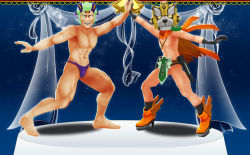 Rule 34 | 2boys, 3d, artist request, bell, boots, cape, cosmic break, gloves, green hair, herr victor (character), lios (character), male focus, male swimwear, manly, mecha, multiple boys, muscular, navel, official art, purple male swimwear, purple swim briefs, robot, scarf, swim briefs, swimsuit, topless male