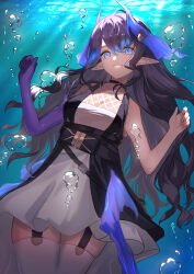 Rule 34 | 1girl, absurdres, air bubble, arknights, black dress, black hair, blue eyes, blue hair, breasts, bubble, cleavage, commentary request, day, dress, elbow gloves, garter straps, gloves, grin, hands up, highmore (arknights), highres, long hair, looking at viewer, medium breasts, multicolored hair, outdoors, pointy ears, puranetto (vjun4748), purple gloves, single glove, sleeveless, sleeveless dress, smile, solo, streaked hair, sunlight, thighhighs, underwater, very long hair, water, white dress, white thighhighs