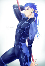 Rule 34 | 1boy, armor, blue hair, bodysuit, cowboy shot, cu chulainn (fate), cu chulainn (fate/stay night), earrings, fate/stay night, fate (series), from side, gae bolg (fate), hair down, highres, holding, holding weapon, jewelry, long hair, looking at viewer, male focus, muscular, namo, official alternate costume, pauldrons, polearm, red eyes, shoulder armor, skin tight, smile, solo, spear, spiked hair, type-moon, weapon