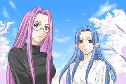 Rule 34 | 00s, 2girls, blue eyes, blue hair, braid, cherry blossoms, fate/hollow ataraxia, fate/stay night, fate (series), glasses, long hair, medea (fate), medusa (fate), medusa (rider) (fate), multiple girls, parted lips, pointy ears, purple eyes, purple hair, smile, sylvester, toshibou (satsukisou), upper body