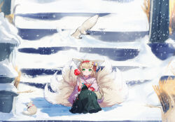 Rule 34 | 18301639225, 1girl, :3, absurdres, animal ear fluff, animal ears, arknights, black hakama, blonde hair, blush, candy apple, chinese commentary, closed mouth, coin purse, commentary request, floral print, flower, food, fox, fox ears, fox girl, fox tail, green eyes, hair flower, hair ornament, hairband, hakama, hakama skirt, highres, holding, holding food, japanese clothes, kimono, kitsune, kyuubi, long sleeves, looking at viewer, multiple tails, obi, official alternate costume, partial commentary, pink kimono, pinwheel, pleated skirt, red hairband, sash, sitting, skirt, snow, solo, suzuran (arknights), suzuran (yukibare) (arknights), tail, tassel, wide sleeves, winter, yagasuri