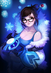 Rule 34 | 1girl, absurdres, bare shoulders, beads, belt, belt pouch, black-framed eyewear, blue gloves, boots, breasts, brown eyes, brown hair, cleavage, closed mouth, coat, collarbone, cowboy shot, drone, fur-trimmed boots, fur-trimmed jacket, fur coat, fur trim, glasses, gloves, hair bun, hair ornament, hair stick, highres, jacket, large breasts, lips, machinery, mei (overwatch), nose, open clothes, open coat, overwatch, overwatch 1, parka, pouch, rain yoo, robot, short hair, sidelocks, single hair bun, smile, snowball (overwatch), snowflakes, solo, standing, strap, swept bangs, tank top, utility belt, winter clothes, winter coat, zzoggomini
