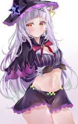 Rule 34 | 1girl, black capelet, blunt bangs, blush, breasts, brown gloves, capelet, closed mouth, clothes lift, gloves, grey hair, hat, highres, hololive, light smile, long hair, looking at viewer, midriff, mile (off8mile), miniskirt, multicolored eyes, murasaki shion, murasaki shion (1st costume), navel, neck ribbon, red eyes, red ribbon, ribbon, shirt, shirt lift, simple background, skirt, small breasts, smile, solo, striped clothes, striped shirt, virtual youtuber, white background, witch hat, yellow eyes