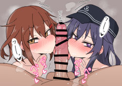 1boy 1girl 2girls akatsuki_(kancolle) ame_(amechan17391739) black_hair breasts brown_eyes brown_hair cheek_squash fellatio grey_background hair_between_eyes hair_ornament hairclip hat hetero ikazuchi_(kancolle) kantai_collection large_penis licking licking_penis long_hair medium_hair multiple_girls nude oral penis pov purple_eyes siblings simple_background sisters small_breasts spread_legs steam steaming_body tongue tongue_out white_background