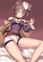 Rule 34 | 10s, 1girl, animal ears, bare legs, bare shoulders, belt, belt buckle, blue eyes, blush, bow, breasts, brown coat, brown hair, buckle, buttons, choker, coat, collar, collarbone, double-breasted, embarrassed, erune, foreshortening, frills, fur hat, granblue fantasy, hat, hat bow, head tilt, holding, leaning back, light frown, lips, long sleeves, looking at viewer, open clothes, open coat, poco (backboa), purple bow, red background, short hair, short shorts, shorts, signature, simple background, sitting, small breasts, sutera (granblue fantasy), swept bangs, undressing, white hat, white shorts