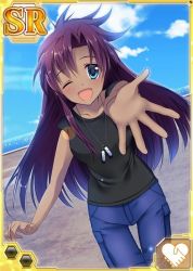 Rule 34 | 1girl, ;d, blue eyes, blush, card (medium), cloud, dark-skinned female, dark skin, day, dog tags, long hair, looking at viewer, melvina advani, muv-luv, muv-luv alternative, ocean, one eye closed, open mouth, outstretched hand, purple hair, smile, solo