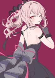 Rule 34 | 1other, :p, akiyama mizuki, arm strap, back bow, backless dress, backless outfit, black bow, black dress, black gloves, blush, bow, closed mouth, cowboy shot, dress, from behind, gin (gin937), gloves, hair bow, high ponytail, highres, index finger raised, looking at viewer, looking back, one eye closed, pink background, pink eyes, pink hair, project sekai, simple background, sleeveless, sleeveless dress, smile, solo, tongue, tongue out