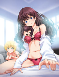 Rule 34 | 10s, 2girls, bare shoulders, blonde hair, blue eyes, blurry, blurry background, bow, bra, brown hair, couch, green eyes, ichinose shiki, idolmaster, idolmaster cinderella girls, kazuma muramasa, long hair, lying, miyamoto frederica, multiple girls, navel, on bed, on stomach, open clothes, open shirt, panties, shirt, short hair, sitting, sitting on person, tongue, tongue out, underwear, window