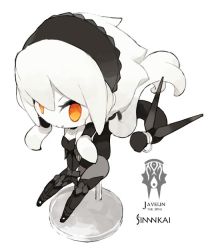 Rule 34 | 10s, 1girl, abyssal ship, armor, armored boots, artist name, bodysuit, boots, bridal gauntlets, character name, chibi, collar, cuffs, female focus, figure, full body, javelin (siirakannu), kantai collection, long hair, looking at viewer, nendoroid, orange eyes, original, siirakannu, simple background, solo, tail, thigh boots, thighhighs, tongue, tongue out, white background, white hair