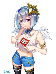 Rule 34 | 1girl, absurdres, alternate costume, amane kanata, angel wings, armband, arpeggio kaga, artist name, black thighhighs, blue hair, blue ribbon, blue shorts, bob cut, breasts, closed mouth, colored inner hair, commentary, cowboy shot, crop top, denim, denim shorts, hair between eyes, halo, highres, hololive, looking at viewer, microsoft office, microsoft powerpoint, midriff, mini wings, multicolored hair, navel, neck ribbon, open fly, purple eyes, ribbon, shirt tug, short hair, short shorts, shorts, signature, silver hair, simple background, sleeveless, small breasts, smile, solo, star halo, streaked hair, tank top, thighhighs, thighs, two-tone hair, virtual youtuber, white background, white tank top, wings, zettai ryouiki