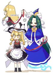Rule 34 | 2girls, apron, belt, blonde hair, blue dress, blush, bow, braid, breasts, dress, embarrassed, english text, fang, ghost, green eyes, green hair, hair bow, harness, hat, highres, kirisame marisa, kuma xylocopa, leash, long hair, maid, maid apron, maid headdress, mima (touhou), multiple girls, naughty face, pointy hat, shirt, simple background, single braid, spoken smile, standing, sweat, sweatdrop, tears, touhou, touhou (pc-98), twitter username, white background, white shirt, witch hat, yellow eyes, yuri
