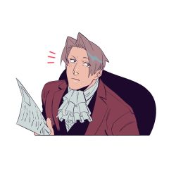 Rule 34 | 1boy, ace attorney, ascot, blush, commentary request, cropped torso, formal, green (grimy), highres, light brown hair, male focus, miles edgeworth, parted bangs, red suit, short hair, sideburns, solo, suit, white background