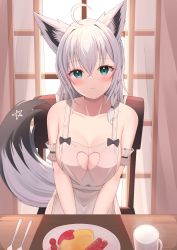 Rule 34 | 1girl, absurdres, ahoge, alternate costume, animal ear fluff, animal ears, apron, aqua eyes, blue eyes, blush, braid, breasts, chair, cleavage, cleavage cutout, clothing cutout, cup, curtains, food, fox ears, fox girl, fox tail, heart cutout, highres, hololive, indoors, light smile, long hair, looking at viewer, medium breasts, mug, naked apron, omelet, omurice, plate, pov across table, shirakami fubuki, sitting, solo, starfox1015, table, tail, utensil, virtual youtuber, white hair, window