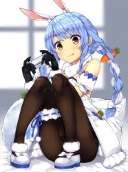 Rule 34 | 1girl, :3, animal ears, black gloves, blue hair, braid, carrot hair ornament, controller, detached sleeves, don-chan (usada pekora), food-themed hair ornament, full body, fur-trimmed gloves, fur trim, game controller, gloves, hair ornament, highres, hololive, legband, multicolored hair, orange eyes, pantyhose, playstation controller, rabbit-shaped pupils, rabbit ears, rabbit girl, ribbon trim, short sleeves, sitting, solo, symbol-shaped pupils, thick eyebrows, tongue, tongue out, tries, twin braids, two-tone hair, usada pekora, usada pekora (1st costume), virtual youtuber, white hair