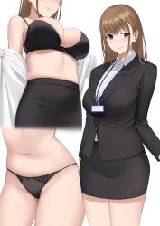 Rule 34 | 1girl, bare shoulders, black bra, black jacket, black panties, black skirt, blush, bra, breasts, brown eyes, brown hair, cleavage, closed mouth, collared shirt, dress shirt, formal, highres, id card, jacket, knatb, lanyard, large breasts, long hair, miniskirt, mole, mole under eye, navel, office lady, original, panties, pantyhose, pencil skirt, shirt, skirt, skirt suit, suit, thighs, underwear, wavy mouth, white background, white shirt