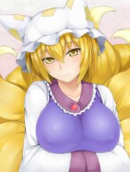 Rule 34 | 1girl, animal hat, blonde hair, breasts, collarbone, dress, fox tail, hands in opposite sleeves, hat, hat with ears, head tilt, highres, kitsune, kyuubi, large breasts, long sleeves, looking at viewer, mob cap, multiple tails, smile, solo, tabard, tail, takaman (gaffe), touhou, upper body, white dress, yakumo ran, yellow eyes