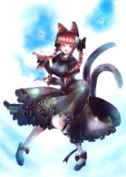 Rule 34 | 1girl, :3, absurdres, animal ears, aonori00, black bow, black footwear, black ribbon, blue fire, blunt bangs, blunt ends, bow, braid, breasts, bright pupils, cat ears, cat tail, dress, eyebrows hidden by hair, fire, floating, footwear bow, frills, full body, grey dress, hair bow, hair ribbon, hands up, highres, hitodama, juliet sleeves, kaenbyou rin, knees together feet apart, large breasts, leg ribbon, light smile, long hair, long sleeves, looking at viewer, multiple tails, nekomata, open mouth, petticoat, pigeon-toed, puffy sleeves, red eyes, red hair, ribbon, simple background, sleeves past wrists, solo, tail, touhou, tress ribbon, twin braids, twintails, two tails, white background