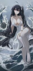 Rule 34 | 1girl, absurdres, ahoge, azur lane, bare shoulders, black hair, bracelet, breasts, cleavage, closed mouth, cocktail dress, collarbone, commentary request, crossed bangs, dress, earrings, full body, garter straps, grey sky, highres, jewelry, large breasts, long hair, looking at viewer, matsogum, necklace, ocean, official alternate costume, outdoors, plunging neckline, red eyes, side ponytail, single earring, sitting, sky, sleeveless, sleeveless dress, solo, splashing, taihou (azur lane), taihou (temptation on the sea breeze) (azur lane), thighhighs, very long hair, waves, white dress, white footwear, white garter straps, white thighhighs