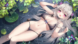 Rule 34 | 1girl, :d, bare arms, bare shoulders, bikini, black bikini, breasts, bug, butterfly, butterfly hair ornament, choker, cleavage, feet out of frame, grey hair, hair ornament, highres, insect, large breasts, lily pad, long hair, looking at viewer, lying, navel, on back, open mouth, original, pink eyes, smile, solo, stomach, swimsuit, thigh gap, umou (may65879), very long hair, water, wet