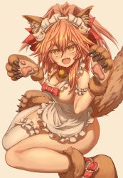 Rule 34 | 1girl, animal ears, animal hands, apron, arm garter, bad id, bad pixiv id, bell, blush, bow, breasts, cat hair ornament, cat paws, cleavage, collar, fang, fate/grand order, fate (series), fox ears, fox tail, frilled thighhighs, frills, gloves, hair ornament, hair ribbon, highres, jingle bell, large breasts, long hair, looking at viewer, looking up, maid headdress, naked apron, neck bell, osobachan, paw gloves, paw shoes, pink hair, red ribbon, ribbon, shoes, single thighhigh, sitting, solo, tail, tamamo (fate), tamamo cat (fate), tamamo cat (third ascension) (fate), thighhighs, wariza, white thighhighs