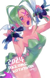 Rule 34 | 1girl, absurdres, breasts, digimon, digimon (creature), dinobeemon, green hair, highres, medium breasts, open mouth, paildramon, personification, short hair, wormmon