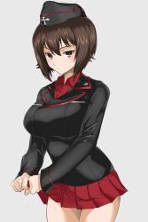 Rule 34 | 10s, 1girl, black hat, black jacket, blush, breasts, brown eyes, brown hair, closed mouth, commentary, cowboy shot, dress shirt, emblem, frown, garrison cap, girls und panzer, grey background, hat, highres, hotate-chan, jacket, kuromorimine military uniform, large breasts, long sleeves, looking at viewer, military, military hat, military uniform, miniskirt, nishizumi maho, pleated skirt, red shirt, red skirt, shirt, short hair, simple background, skirt, solo, standing, uniform, wet, wet clothes, wringing clothes, wringing skirt